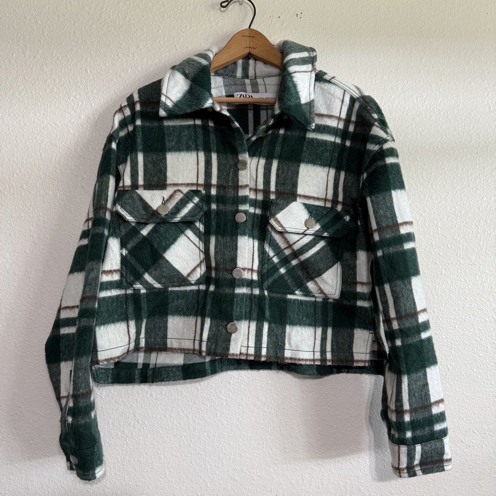 Zara Cropped Jacket Womens XS Green White Plaid Wool Long Sleeve Shacket Classic